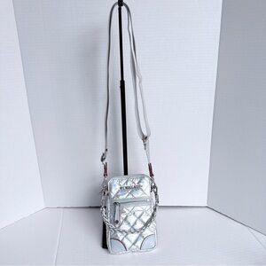 MZ Wallace Micro Crosby Iridescent Silver Quilted Crossbody Bag